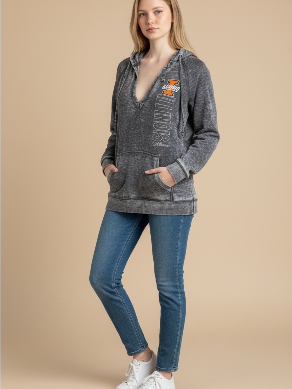 Blue 84 Gray Distressed V‑Neck Illinois Pullover Hoodie